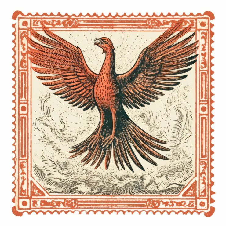 Photo 紅色鳥飛翔的復古藝術風格郵票