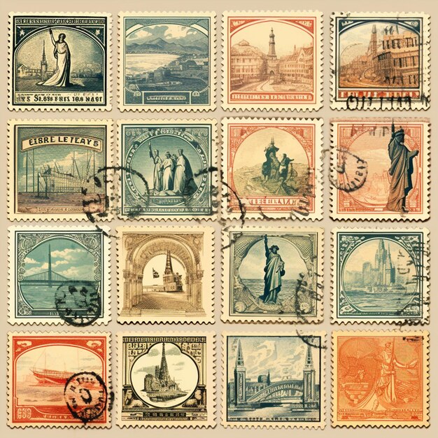 Vintage Art Style Collection of Captivating Postage Stamps