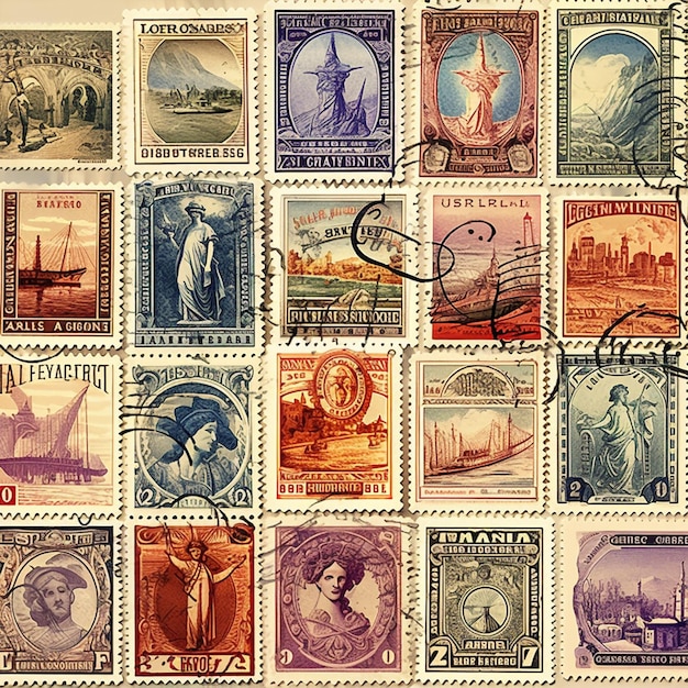 Vintage Art Style Illustration of Collectible Vintage Postage Stamps