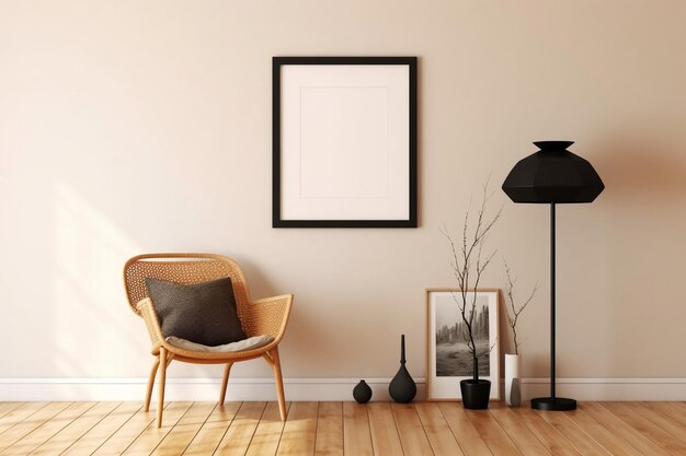 Vintage Asian Chair and White Poster Frame on Beige Wall Ai Generated