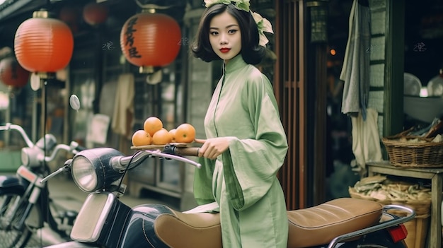 vintage asian girl with scooter at market wearing pale green ao dai