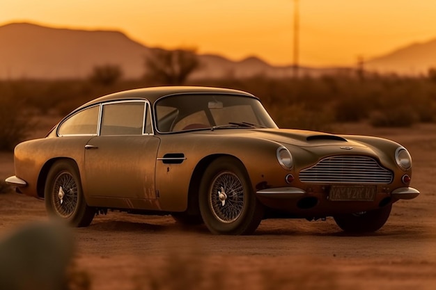 A vintage aston martin car is parked in a desert at sunset.