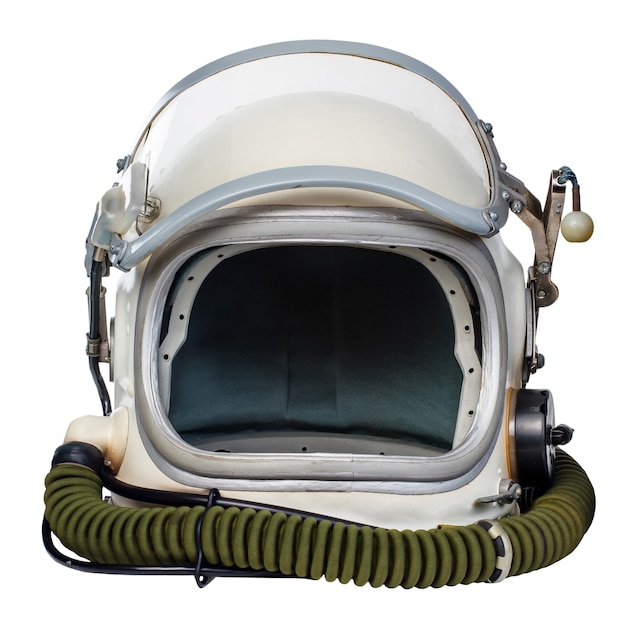 Vintage astronaut helmet isolated against a white background.