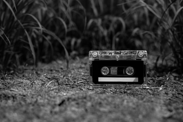 Vintage audio cassette tapes on the floor in the garden. - monochrome