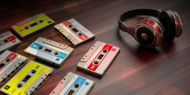 Photo vintage audio cassettes and dj headphones wooden background 3d illustration