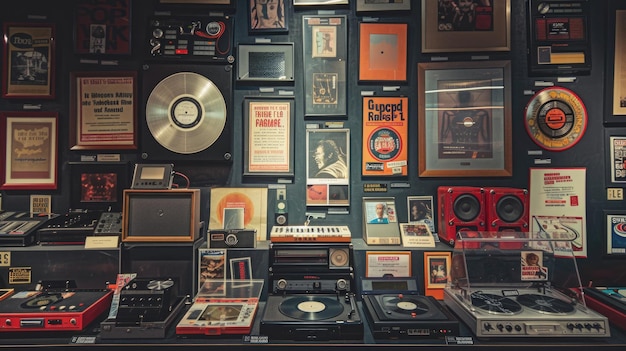 Foto display di apparecchiature audio e musicali d'epoca