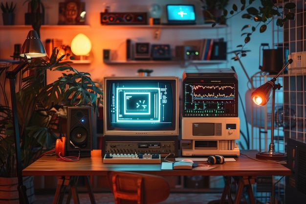 Photo vintage audio equipment with computer monitor displaying sound waves