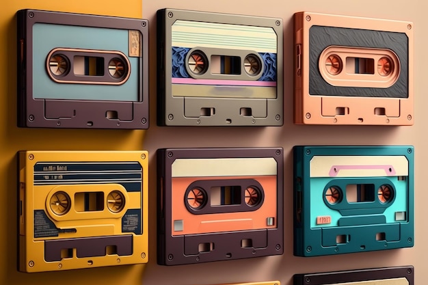 Vintage audiocassettes op kleurrijke achtergrond Generatieve AI