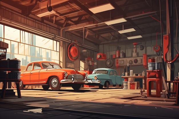 Foto garage per auto d'epoca all'interno della stazione di riparazione auto ai generativa