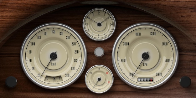 Vintage auto houten dashboard met retro meters 3d illustratie