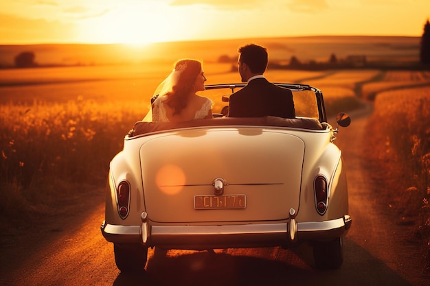 Foto vintage auto met het echtpaar dat de zonsondergang in rijdt