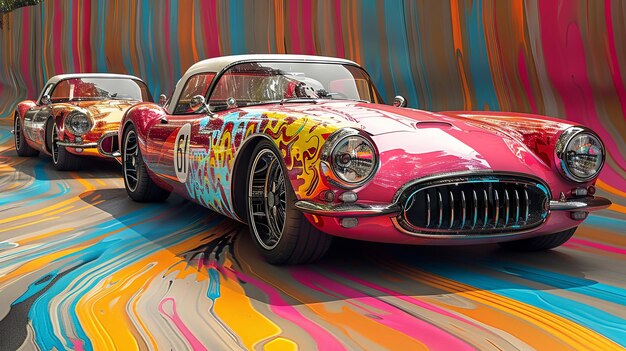 Vintage auto op een kleurrijke abstracte achtergrond