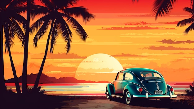 vintage auto op het strand 3d illustratie