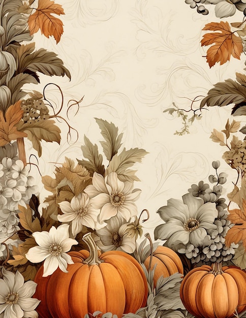 Vintage autumn Halloween background with flowers and pumpkins