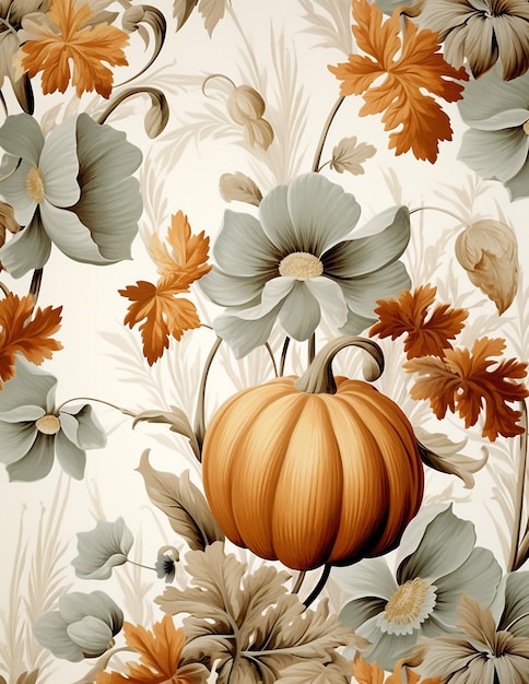 Vintage autumn Halloween background with flowers and pumpkins