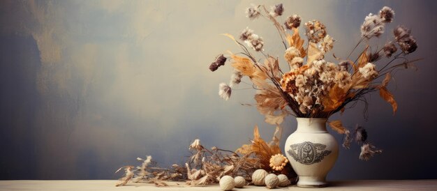 Foto sfondio vintage con fiori secchi in un vaso di vetro