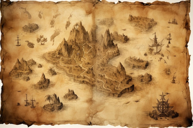 Vintage background with old map ship anchor and mountains An old treasure map leading to a mysterious island AI Generated