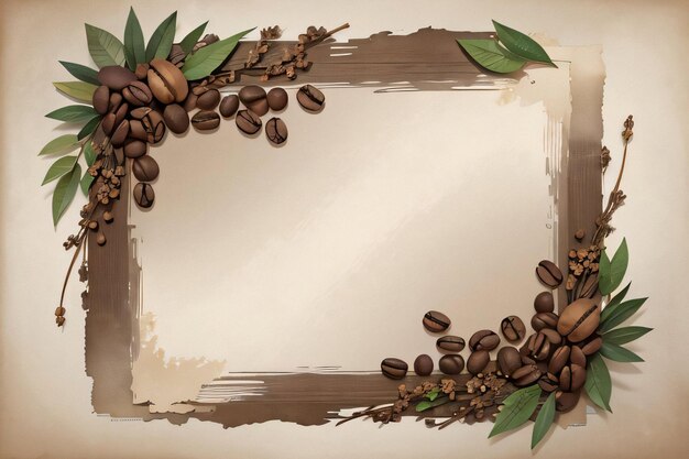 水彩のコーヒー豆と葉のカフェのテンプレートでヴィンテージの背景