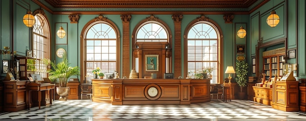 Vintage Bank Interior With Teller Windows Wallpaper