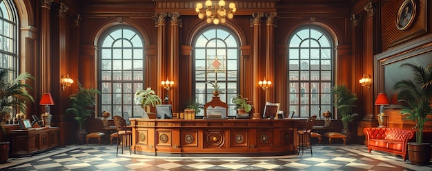 Photo vintage bank interior with teller windows wallpaper