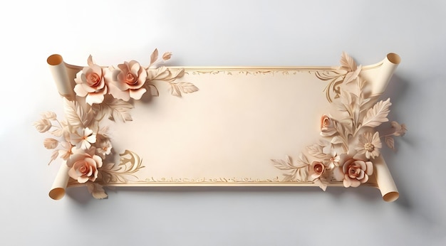 Vintage Banner Scroll with Light Cream Flowers and Leaves on White Background