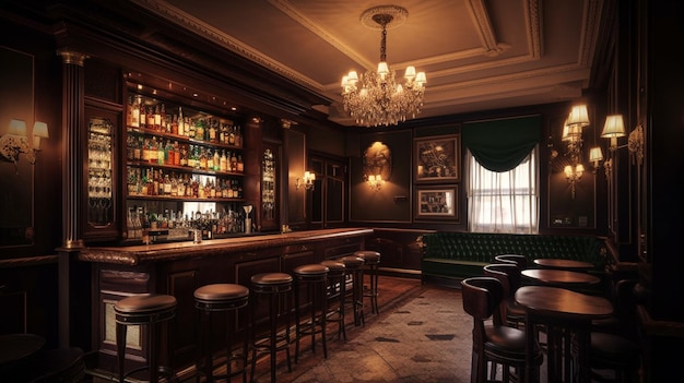 Vintage bar interior with bar counter and chairs