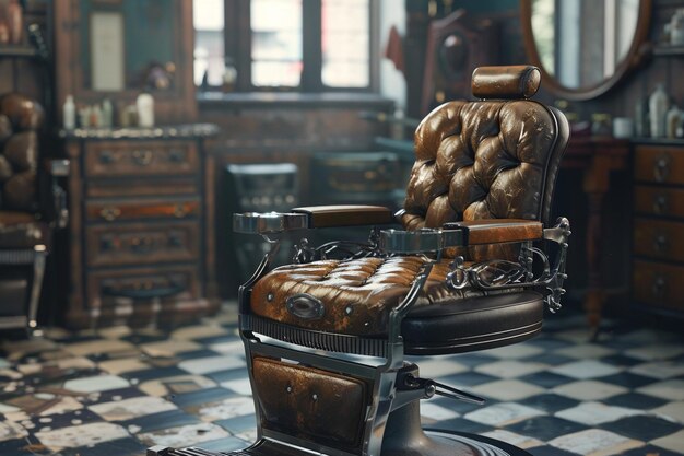 Vintage barber shop chair with antique upholstery