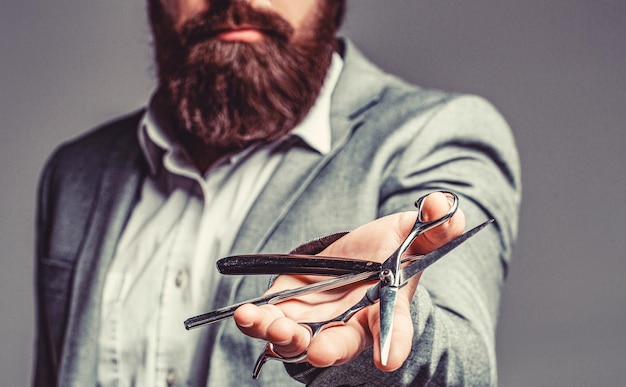 Vintage barber shop shaving Portrait bearded man Mustache men Brutal guy scissors straight razor