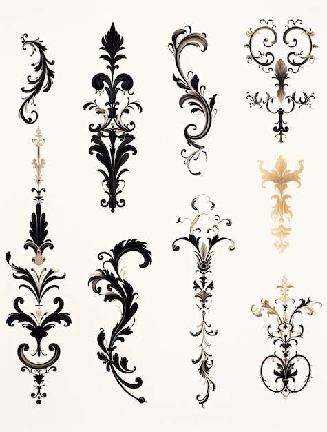 Винтажные элементы орнамента в стиле барокко для дизайна. Завитки орнамента в стиле барокко.
