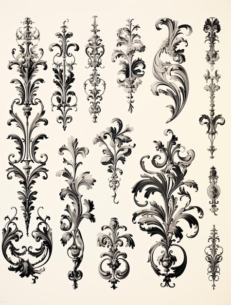 Фото Винтажные элементы орнамента в стиле барокко для дизайна. завитки орнамента в стиле барокко.