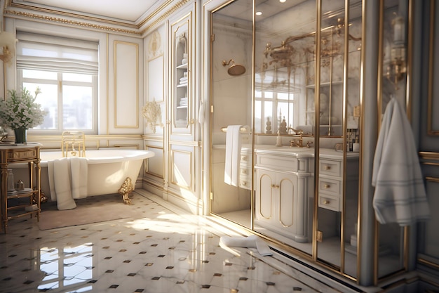 Vintage Bathroom Interior Design 3D Rendering