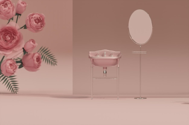 Vintage bathroom interior with a gold shower and a pink wall. Concept of luxury and wealth.