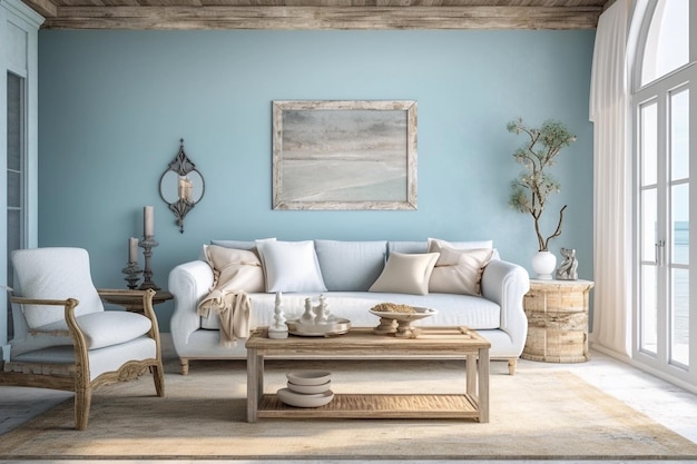 Vintage beach house wooden blue white interior Generative AI