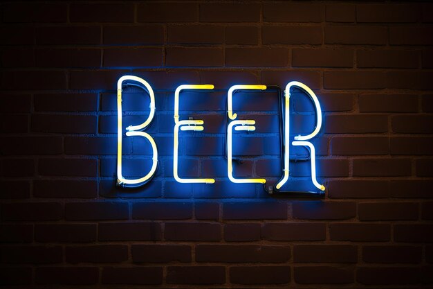 Photo vintage beer neon sign on dark brick wall with mug