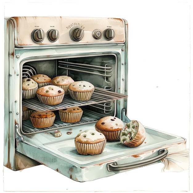 vintage beige opened oven with freshly baked muffins inside cottagecore simple living