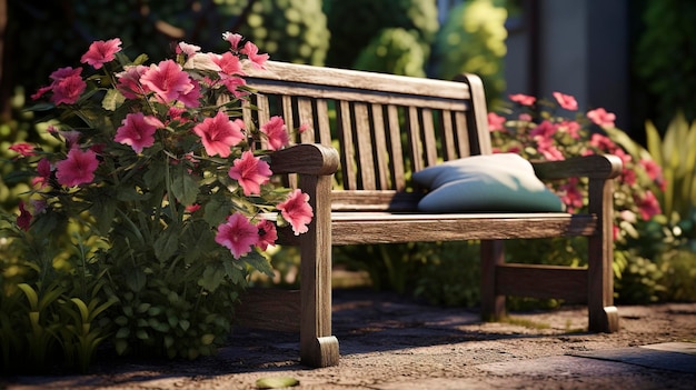 Vintage bench in a lush garden with vibrant red flowers in the background