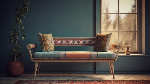 Photo vintage bench in a mock up of a bohemian scandinavian styled homes decor