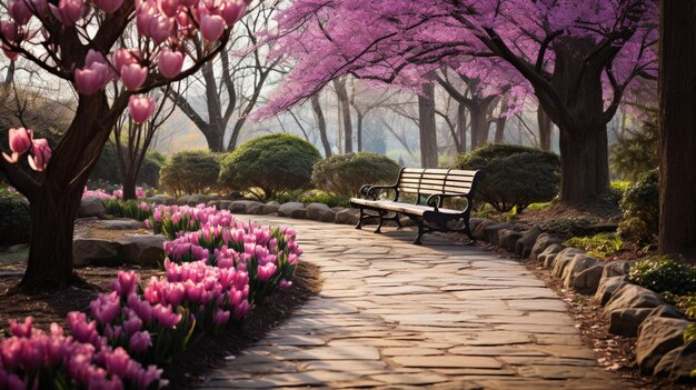 Foto panchina vintage nel giardino dei tulipani aigenerato
