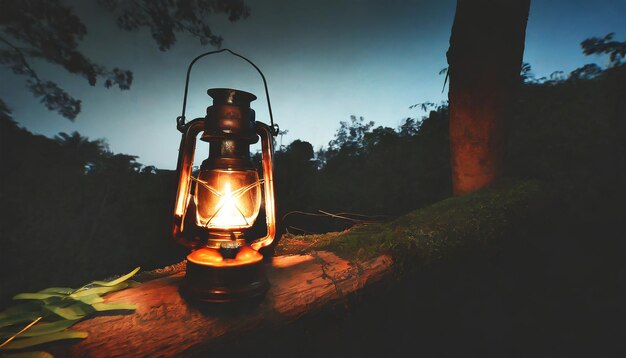 Foto vintage benzine olie lantaarn lamp branden met een zachte gloed licht in een donker bos hout