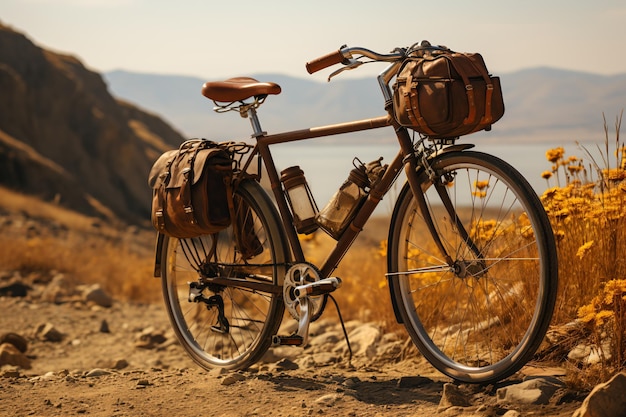 Vintage bicycle parked on a rocky hilltop overlooking a lake