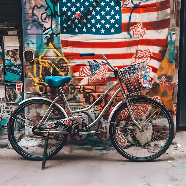 Foto bicicletta d'epoca con bandiera americana sulla parete di un vecchio edificio