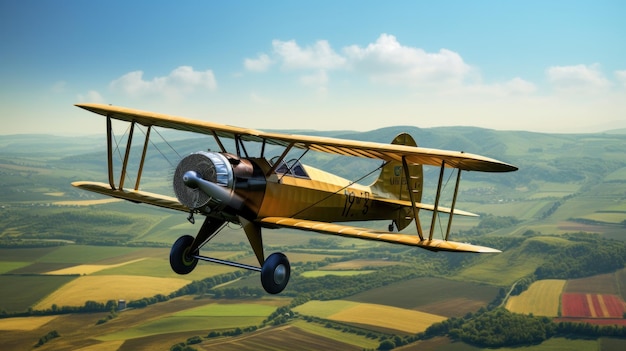 A vintage biplane flying over a rural landscape with green fields and blue skies in the background