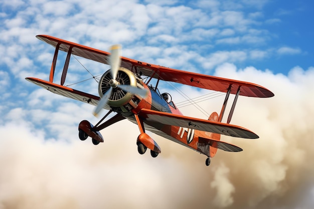 Vintage biplane performing aerobat in sky with clouds of smoke Generative AI