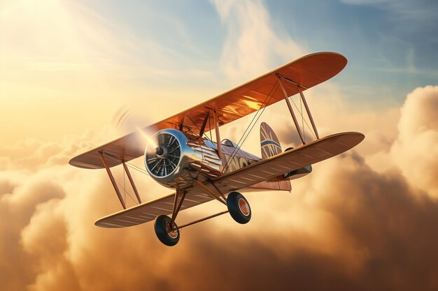 A vintage biplane soaring through the sky leaving 00521 00