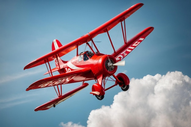 A vintage biplane with a bright red body