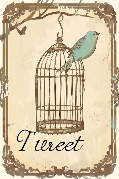 Photo vintage bird postcard with birdcage border and text tweet illustration vintage postcard decorative