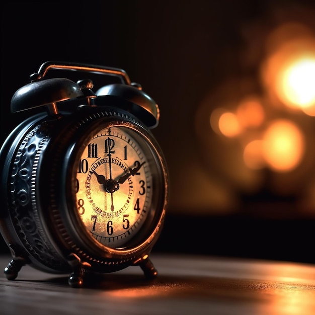 Vintage black alarm clock on the table on dark