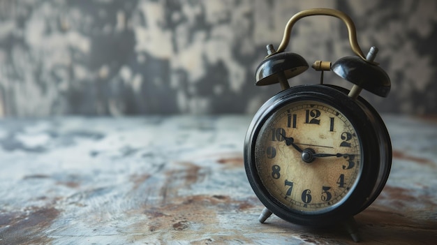 Vintage black alarm clock on a textured grey backdrop