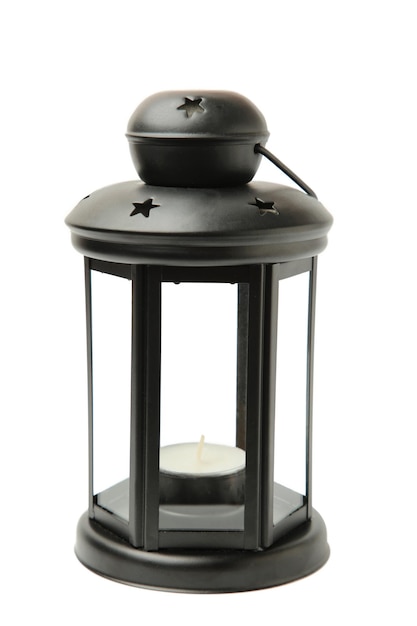 vintage black lantern with candle isolated on white background top view