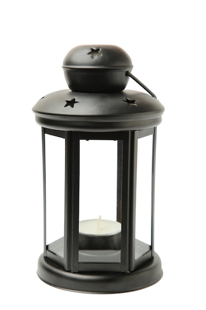 Photo vintage black lantern with candle isolated on white background top view